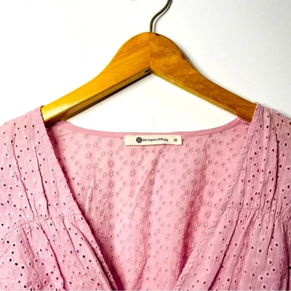 Soft Girl Pastel Pink Eyelet Puff Sleeve Crop Top - Picture 5 of 11